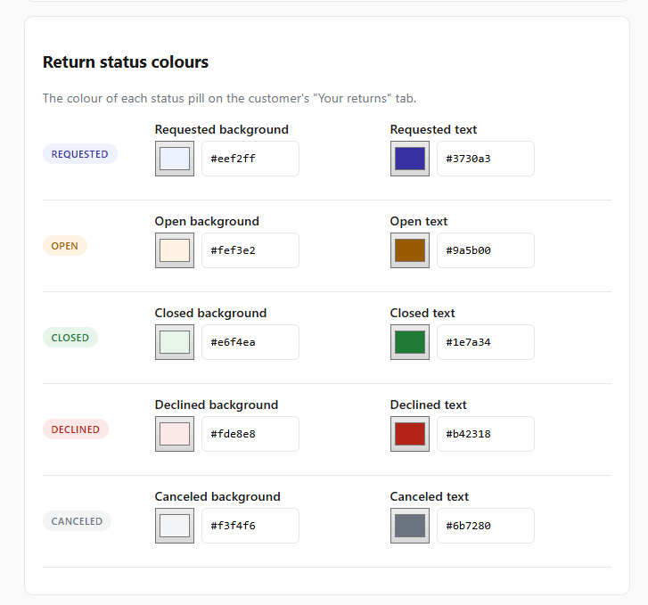 The return status colour customisation screen, showing background and text colours for each return status.