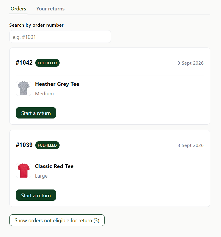 A customer's orders in the storefront returns widget, with a Start a return button on each eligible item.